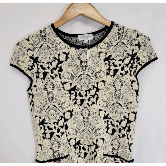 Valentina Shah Cream & Black Knit Wool Blend Short Sleeve Peplum Top Size Large - Picture 2 of 9